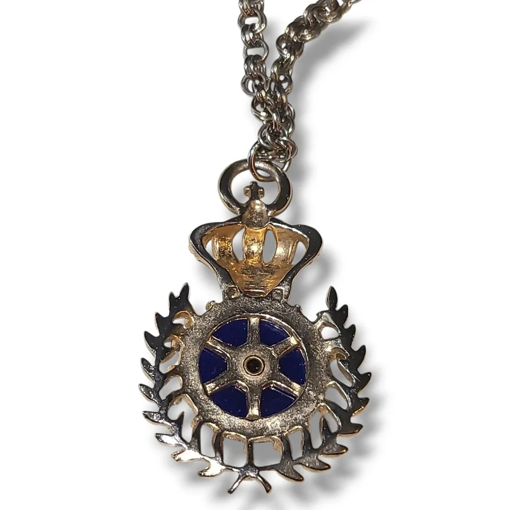 Vintage Crown Crest Blue Cabochon Rhinestone Gold Tone Pendant Necklace 15" - Picture 4 of 5